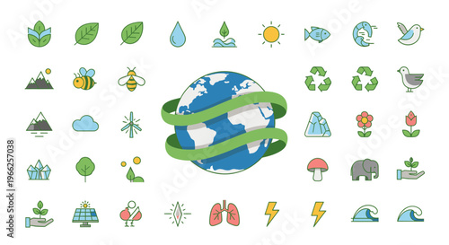 Earth Icons Set Nature Environment Ecology Sustainability Green Planet Vector Illustration Renewable Energy Wildlife Conservation Symbols Stock Footage