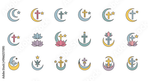Crescent Moon Cross Lotus Symbols Tattoo Designs Icon Set Spiritual Religious Artwork Vector Illustration Graphic Elements