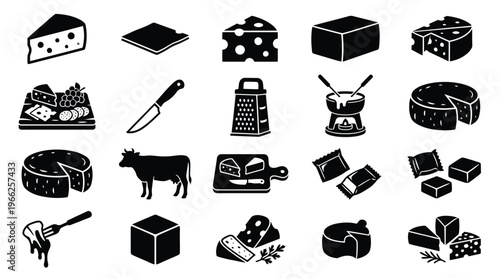 A collection of black and white icons representing various types of cheese, cheese-making tools, and related dairy products.