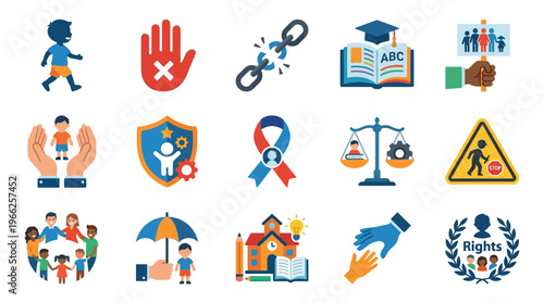 Collection of icons representing children's rights, safety, education, and protection.