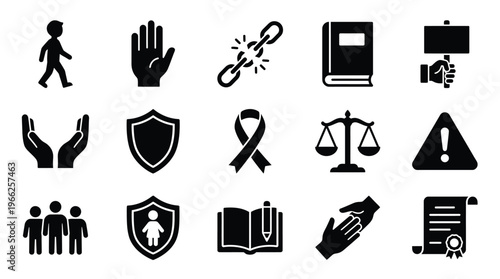 Collection of icons representing human rights, justice, protection, and social issues, including symbols for people, hands, shields, law, and education.
