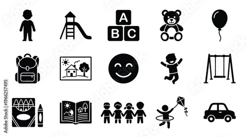 A collection of 15 black and white icons representing childhood, education, and play, including toys, school items, and outdoor activities.