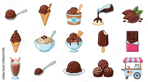 A vibrant collection of delicious chocolate desserts, including ice cream, sundaes, cones, bars, and cocoa beans, presented in a playful, illustrative style.