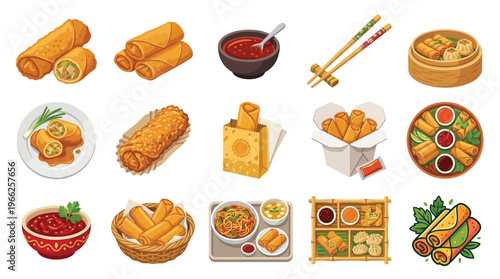 A vibrant collection of delicious spring rolls and dipping sauces, showcasing various presentations and serving styles.