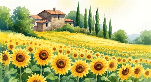 Tuscan Sunflower Field with Farmhouse and Cypress Trees.