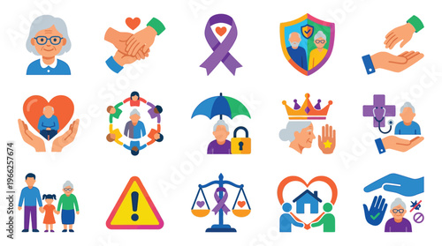 Collection of Icons Representing Senior Care, Support, Safety, and Community for Elderly Individuals.
