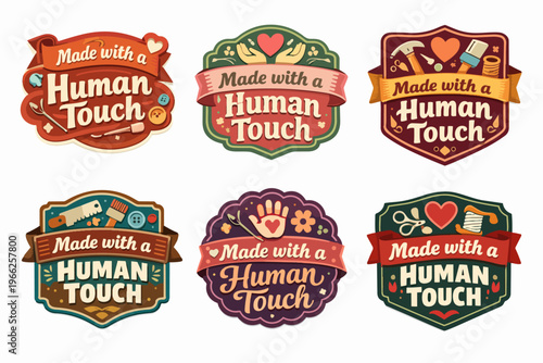 Design set featuring various craft tools, hearts, and hands, conveying authenticity and the value of handmade goods