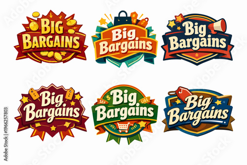 Big bargains logo collection for retail promotions, discounts, online sales and shopping campaigns