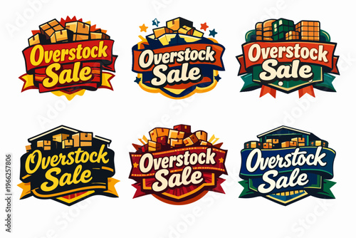 Overstock sale badge set with delivery boxes and warehouse motifs, offering big discounts and clearance prices