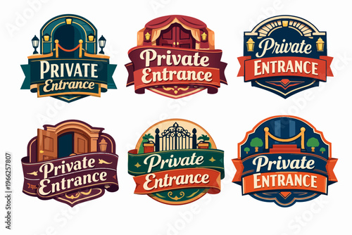 Private entrance labels, exclusive club or vip access emblems, vintage style badges for special membership