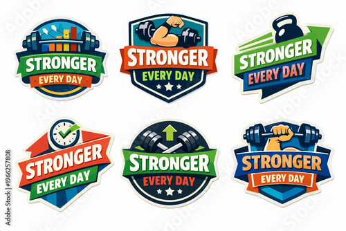 Fitness motivation badges set with stronger every day text, illustrating workout, gym, and health concepts