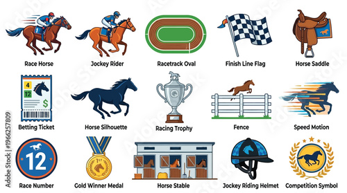 A collection of colorful cartoon illustrations depicting various elements associated with horse racing, including jockeys, horses, a racetrack, trophies, and betting tickets.