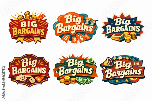 Big bargains collection featuring vintage style sale badges, retro discount labels, promotion banners, and shopping offers