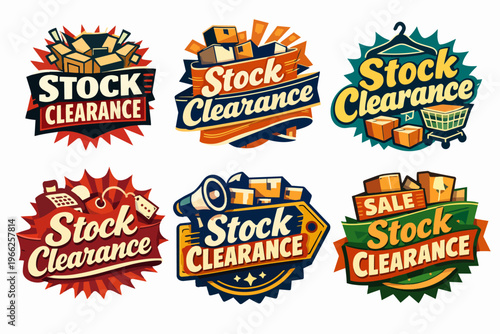 Stock clearance badges set advertising warehouse liquidation and retail store discount promotions