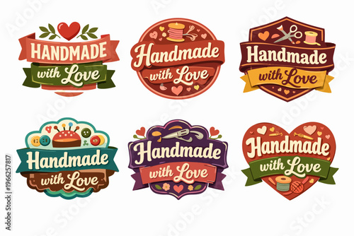 Collection of handmade with love labels, badges, or emblems for crafting, sewing, knitting, and small business branding
