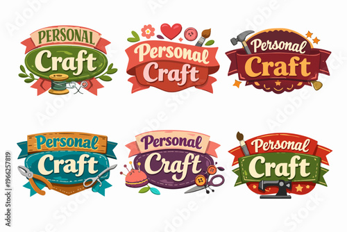 Personal craft business labels and badges featuring creative hobbies, handmade items, and diy art tools vector collection