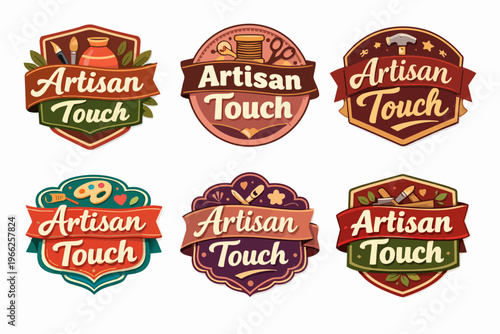Artisan touch logo badges set, crafting tools, handmade product labels, vintage brand emblem collection