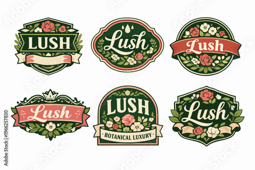 Collection of botanical labels, vintage apothecary emblems, hand-drawn floral design elements for cosmetic branding