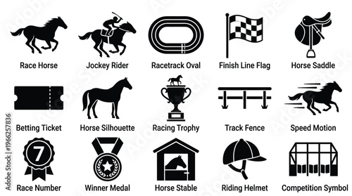 Collection of black and white icons representing various elements of horse racing, including horses, jockeys, track, and awards.