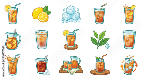 Collection of refreshing iced tea illustrations, featuring glasses, pitchers, lemons, and ice cubes, perfect for beverage-related designs.
