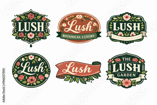 Collection of floral emblem designs with vintage botanical elements, creating elegant badges for branding and packaging