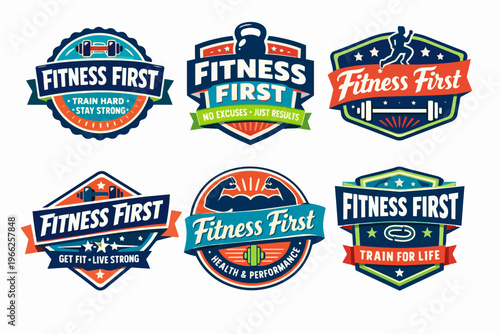Fitness and gym badges collection with various workout mottos and sports equipment for health clubs