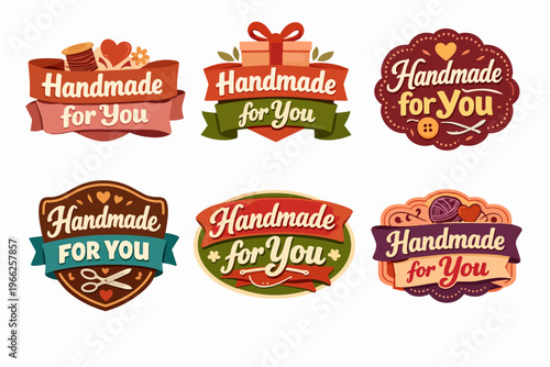 Collection of handmade for you labels and craft badges, artisanal emblems for homemade products and gifts