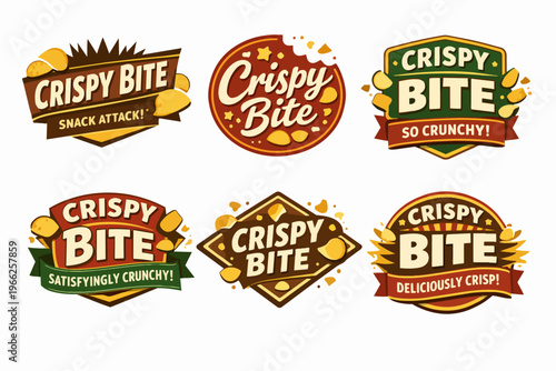 Snack food branding badges with crunchy chips design, offering packaging label collection for various flavors