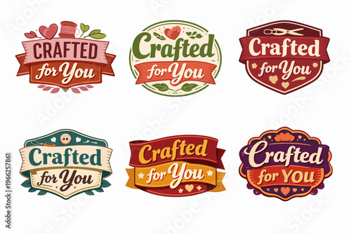 Handcrafting emblems with crafted for you text, representing handmade, artisan, diy, and sewing concepts