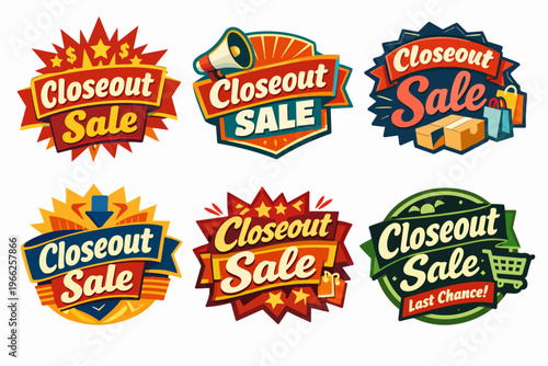 Closeout sale sticker collection creating badges for discount promotions, liquidation, and last chance offers