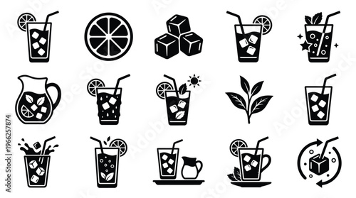 Collection of black and white icons representing various refreshing iced tea and lemonade beverages with garnishes and ice cubes.