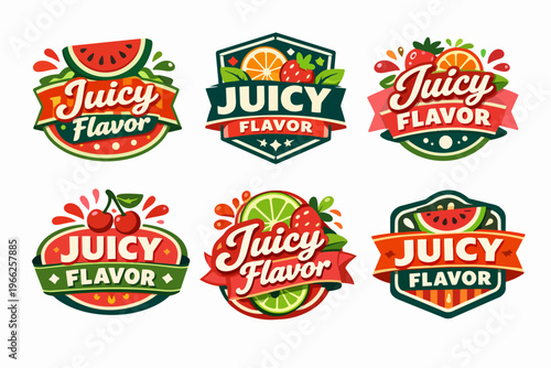 Juicy flavor fruit labels set featuring watermelon, orange, strawberry, cherry, and lime badges for food and drink packaging