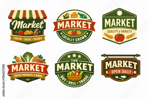 Vintage market shop logos set illustrating fresh produce, organic food, local goods, and quality variety for retail business branding
