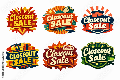Collection of closeout sale badges promoting final clearance, retail discounts, and shopping marketing with a retro design