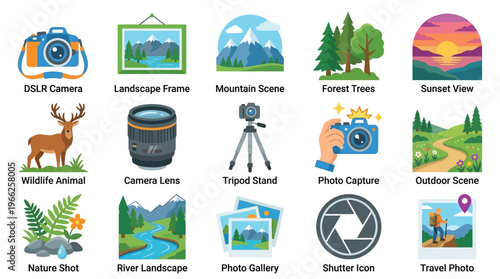 A collection of 15 colorful flat icons representing various photography themes and equipment, including cameras, lenses, tripods, and different scenic subjects like landscapes, wildlife, and nature.