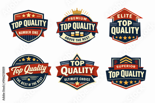 Collection of six distinct vintage-style badges proudly displaying top quality, premium, elite, and superior ratings