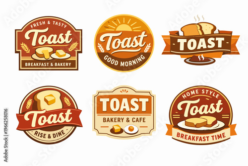 Toast breakfast and bakery retro logos set, good morning vintage emblems designing for cafes and food brands