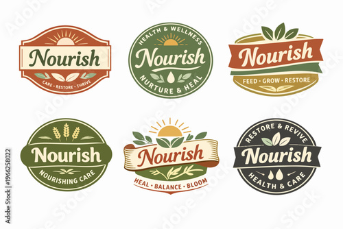 Set of nourish concept logos representing health, wellness, growth, and organic natural care brands