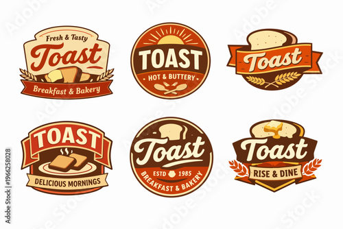 Collection of vintage toast logos and emblems, presenting bakery and breakfast food concepts for cafes and restaurants