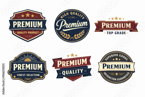 Premium badges and quality labels collection providing superior goods and top-grade product guarantees