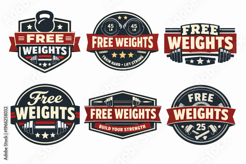 Free weights emblems vector set for fitness studio, gym, workout, bodybuilding, and powerlifting logos
