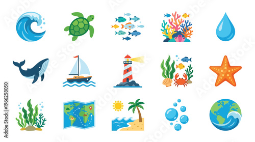 A vibrant collection of marine life, ocean elements, and coastal scenery, perfect for educational or decorative purposes.