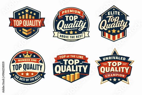 Top quality badge collection, premium emblem designs, certification stamp set, award vector symbols for guarantee and success