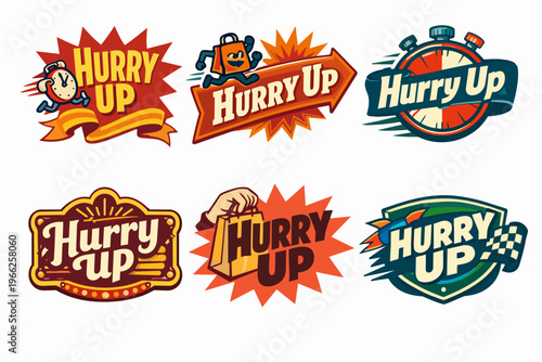 Hurry up concept badges for limited time sales and special offers, promoting urgency and quick action