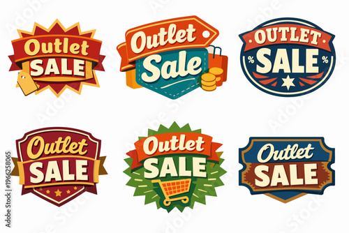 Outlet sale badges and labels design on white background, promoting discounts and special offers for retail business