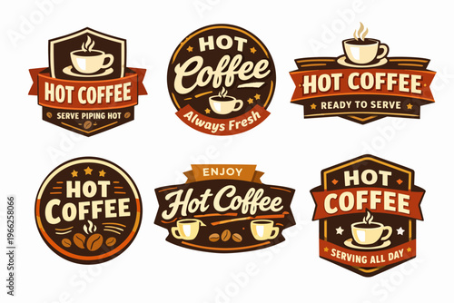 Set of hot coffee badges and emblems, offering fresh beverage identity for cafes, restaurants, and snack bars