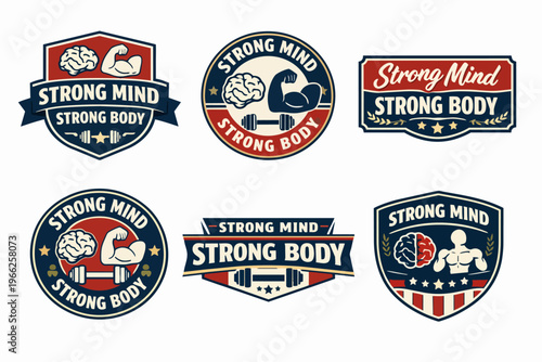 Collection of vintage vector emblems representing the connection between mental strength and physical fitness for health and wellness