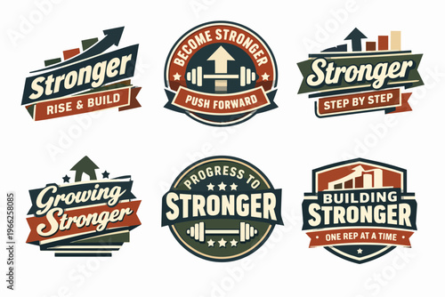 Collection of vintage style gym fitness badges and labels for stronger body motivation and exercise progress