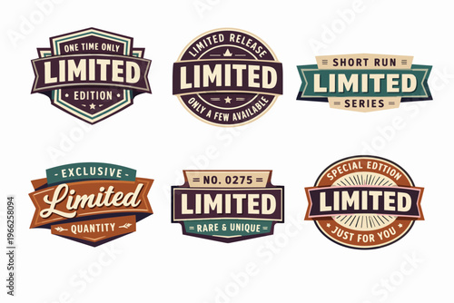 Limited edition creative badges and labels set showing exclusive product releases and special quantity offers