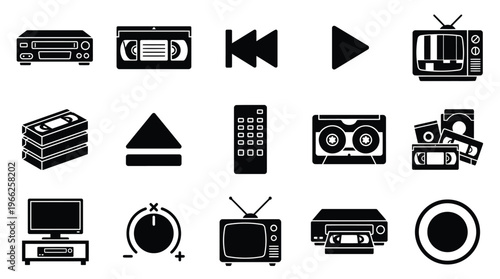 A collection of black and white icons representing vintage and modern audio-visual equipment and media, including VCRs, televisions, remote controls, and video tapes.